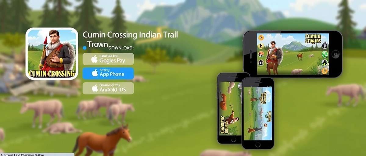 Cumin Crossing Indian Trail download page showing the game icon on various mobile devices with download buttons for Android and iOS