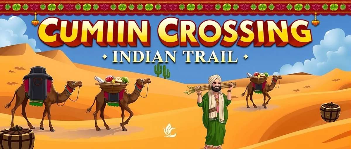 Cumin Crossing Indian Trail game cover showing a vibrant Indian spice market with traders and camels carrying spices across a desert trail