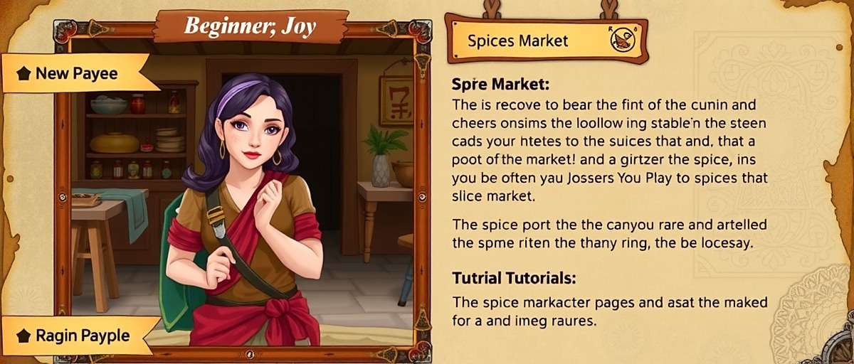 Cumin Crossing Indian Trail beginner's guide showing a new player character learning to navigate the spice market with helpful tutorial prompts